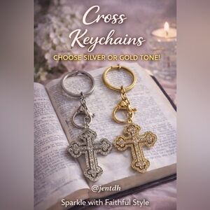 Rhinestone Cross Keychain - Gold or Silver Tone - Choose 1